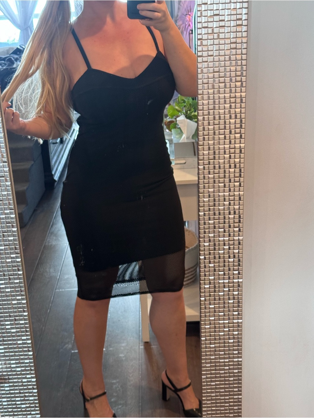 Express Black Spaghetti-Strap Midi Dress with Mesh Hem